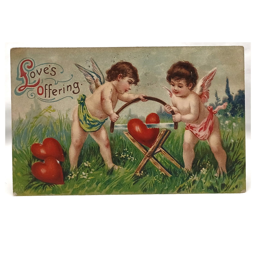 Antique Vintage Valentine Postcard, Cupid Cherubs Sawing a Red Heart, German Embossed Post Card Series 182