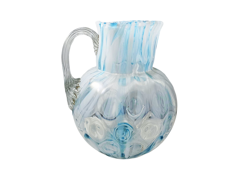 Phoenix Spot Optic Spatter Glass Four Piece Water Set Pitcher Tumblers Opal Blue