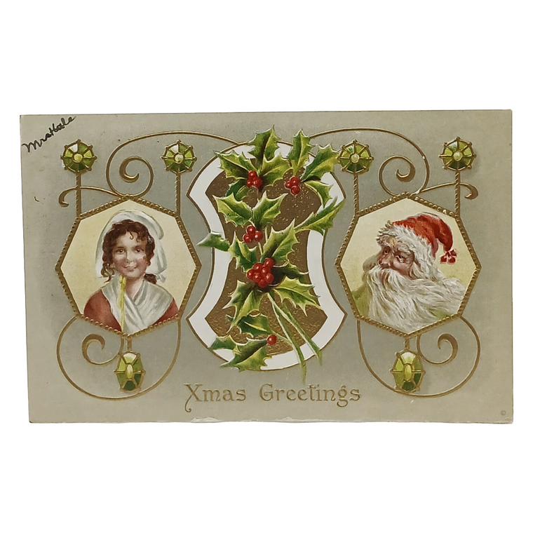 Vintage Santa Claus Postcard: Kris Kringle & Girl with Holly