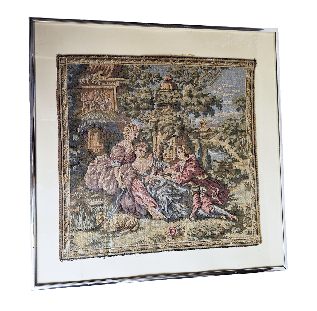 Vintage Pair Framed French Tapestries Pastoral Scenes People w/ Sheep