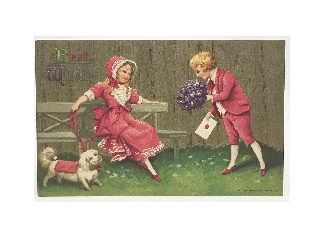 Best Wishes Postcard Children with White Puppy Dog Flowers Card Series 18254