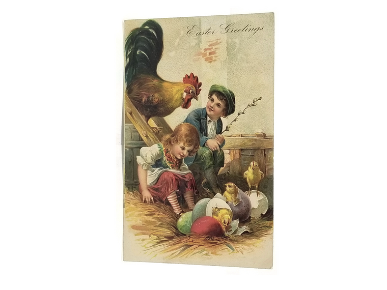 Easter Postcard PFB Pub 6800 Children with Hen & Chicks Painted Eggs