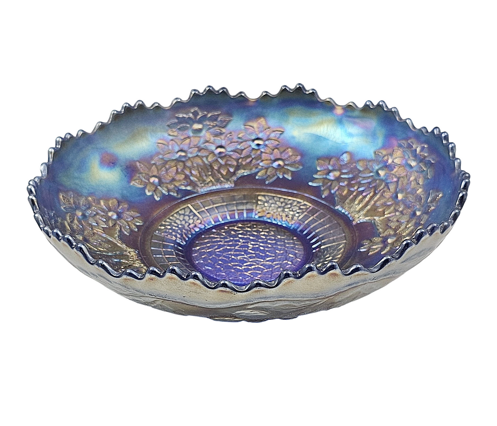 Antique Fenton Blue Orange Tree Carnival Glass Round Bowl