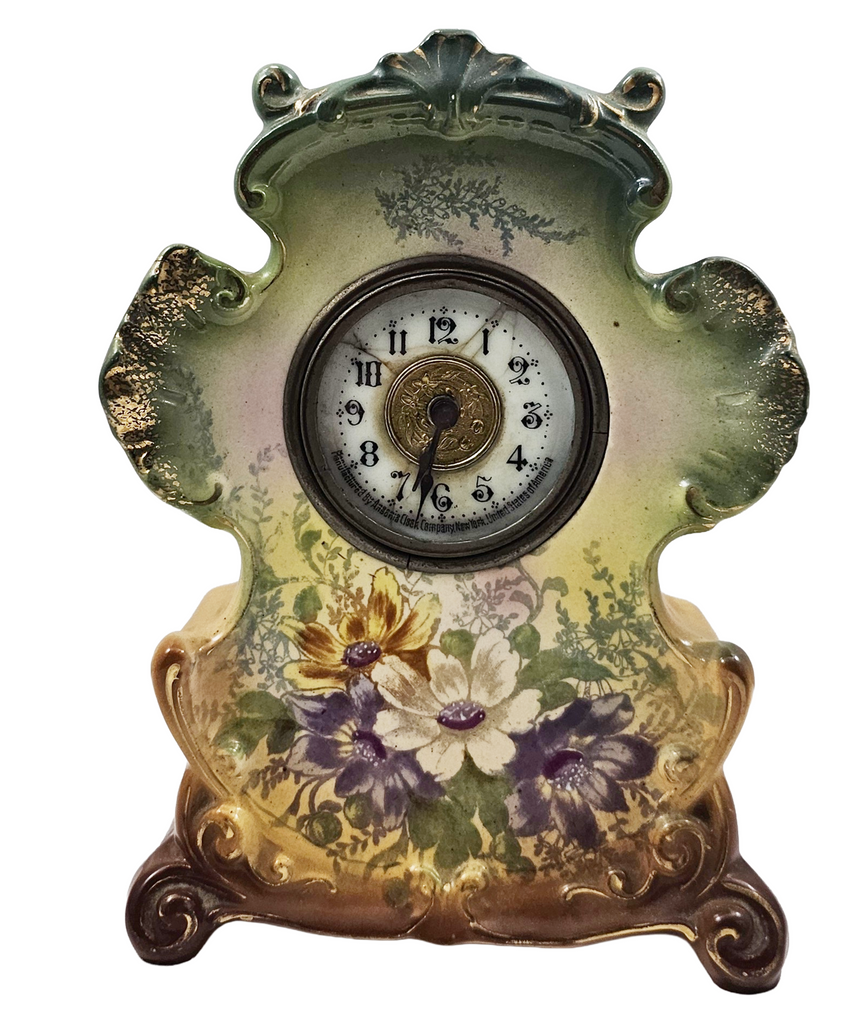 Antique Ansonia Royal Bonn Anchor German Porcelain Green Mantle Clock