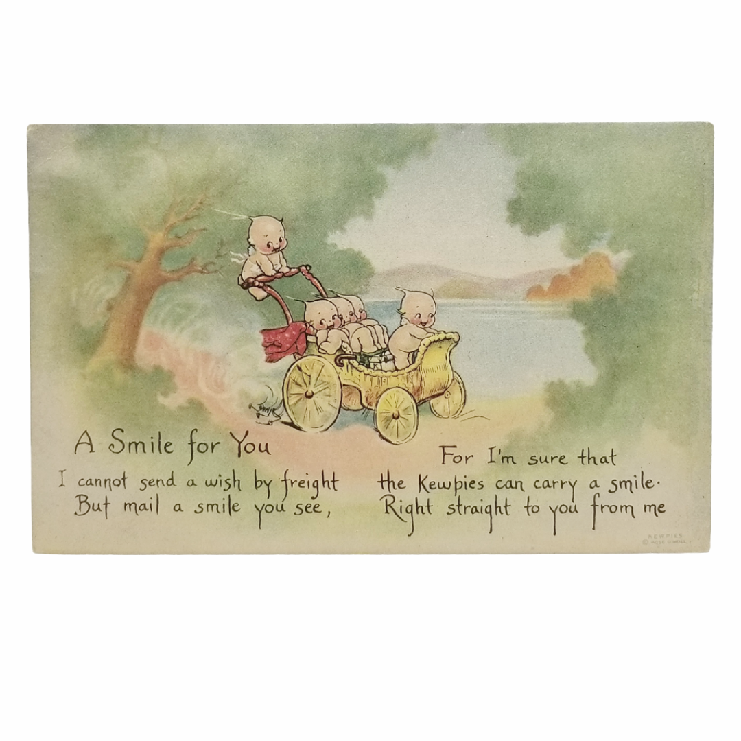 Artist Rosie O'Neill Kewpies Postcard Smile For You Cherubs Riding in Stroller Wagon