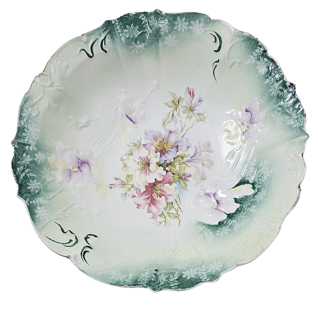 RS Prussia Porcelain Bowl Teal Rim Mold 32 Floral Pattern