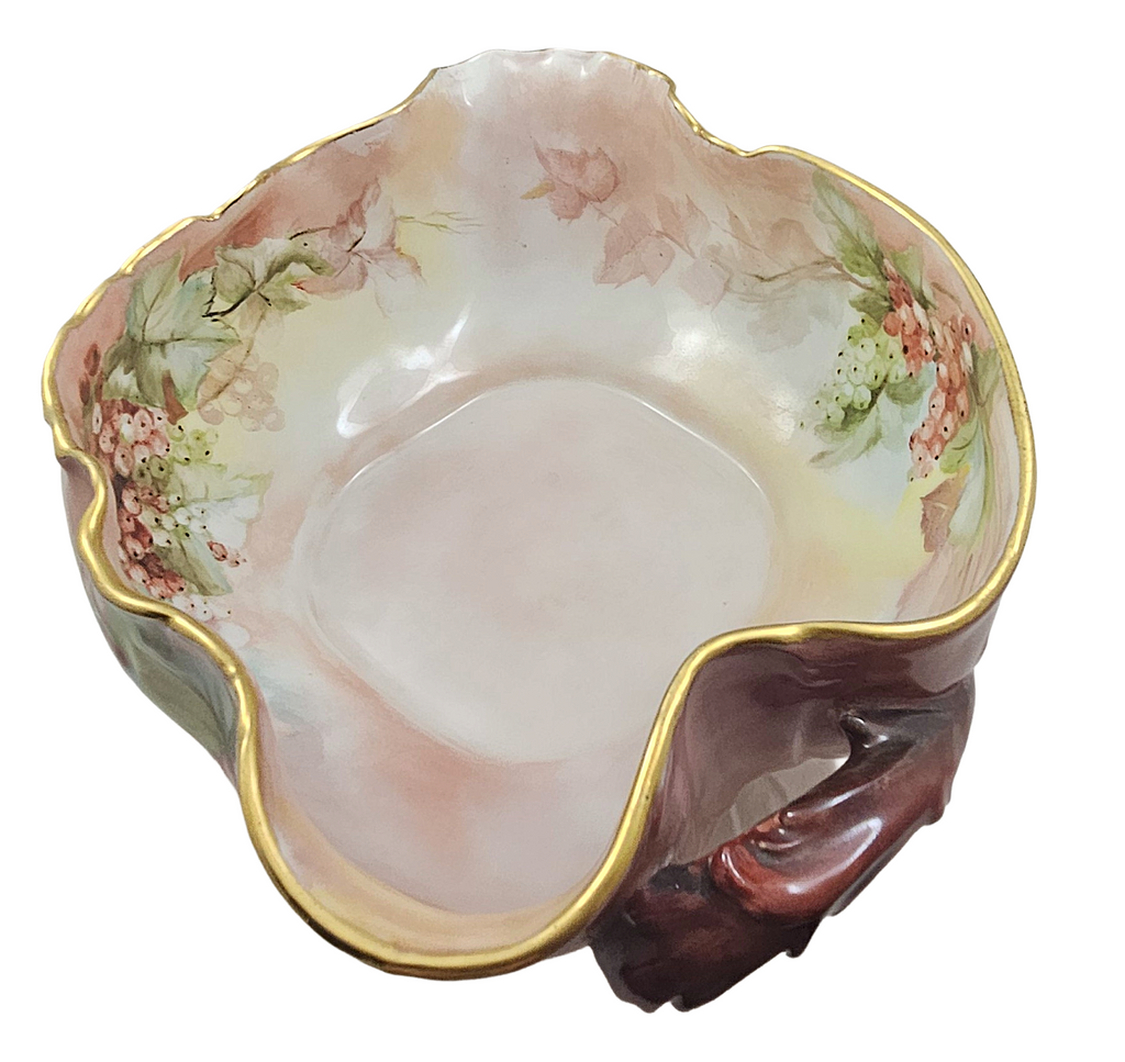 LIMOGES Porcelain Bowl Hand Painted Red Currants Branch Handle