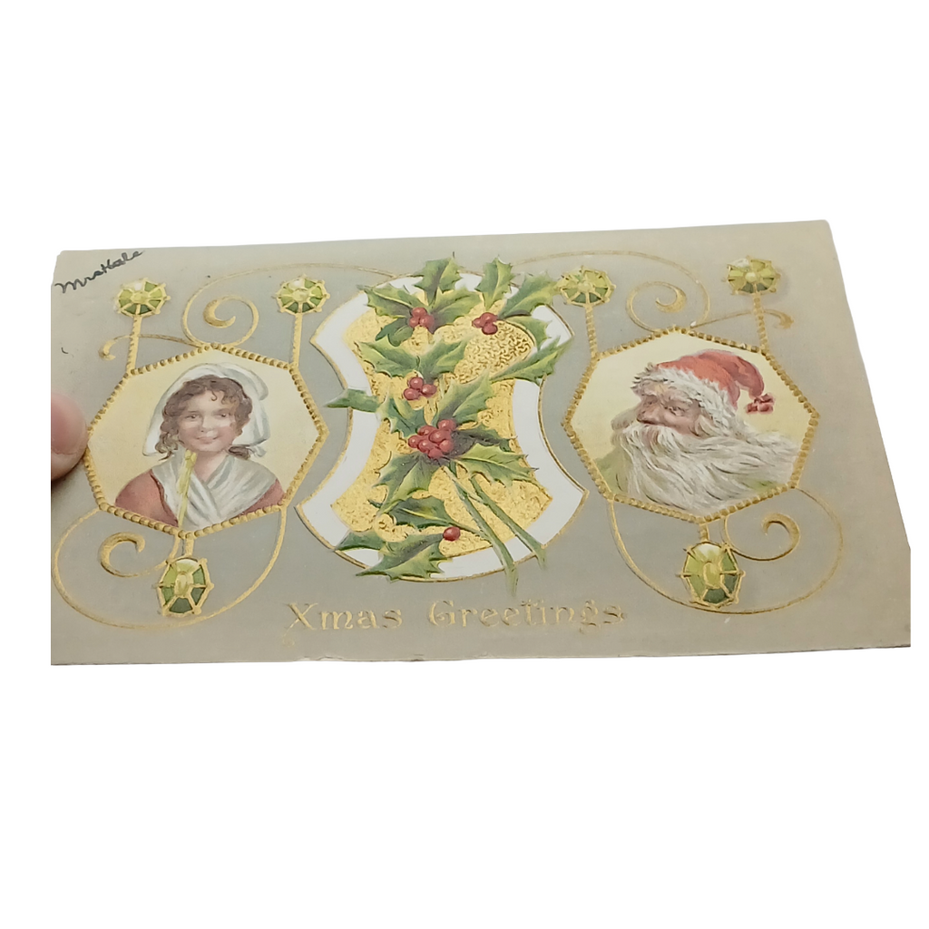 Vintage Santa Claus Postcard: Kris Kringle & Girl with Holly