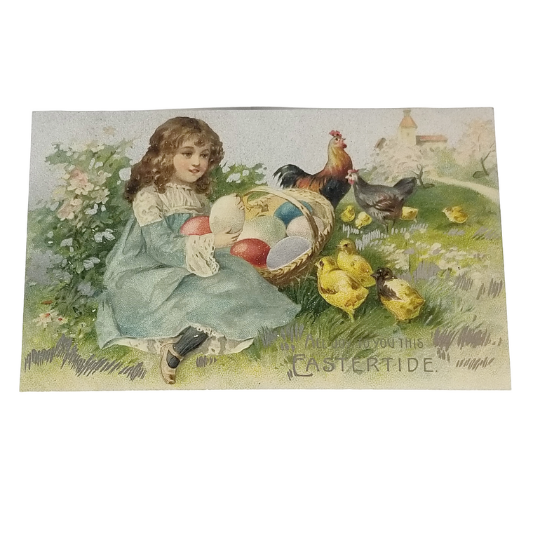 Easter Postcard Little Girl in Meadow Holding Painted Eggs and Baby Chicks