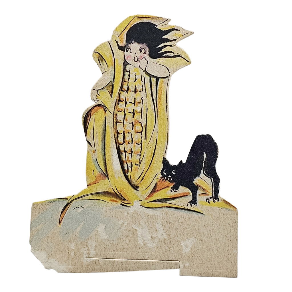 Five (5) Vintage Dennison Halloween Place Cards: Deco Girl in Corn, Black Cat