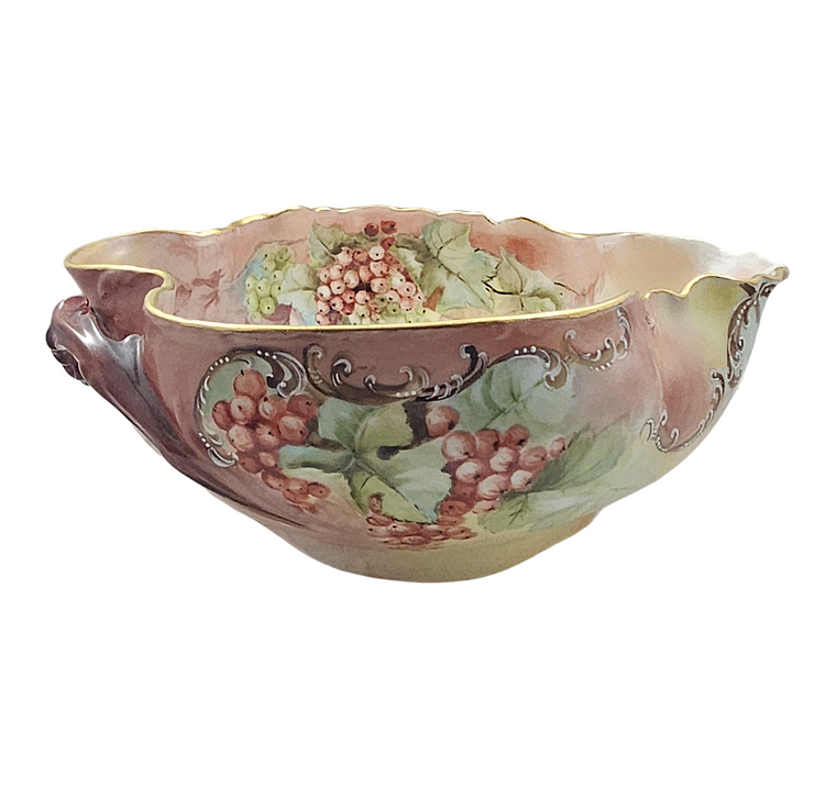 LIMOGES Porcelain Bowl Hand Painted Red Currants Branch Handle