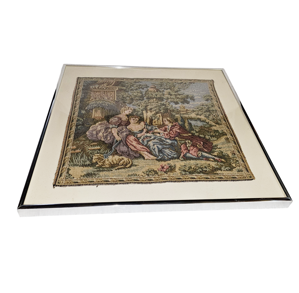 Vintage Pair Framed French Tapestries Pastoral Scenes People w/ Sheep