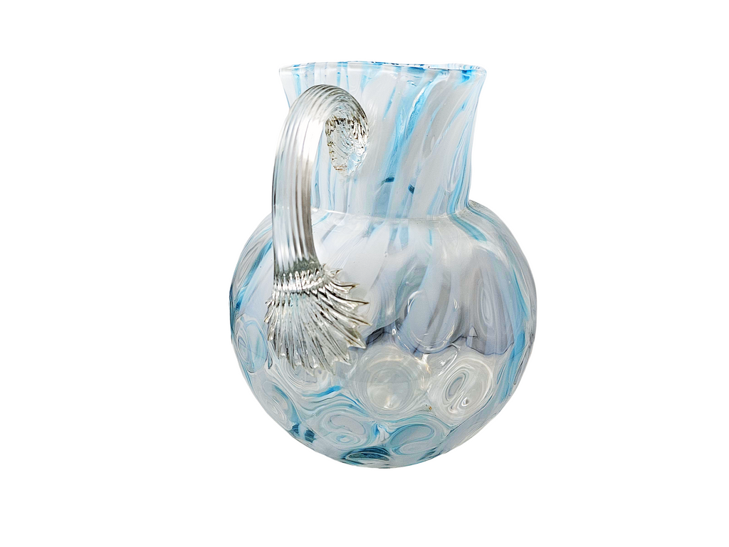 Phoenix Spot Optic Spatter Glass Four Piece Water Set Pitcher Tumblers Opal Blue