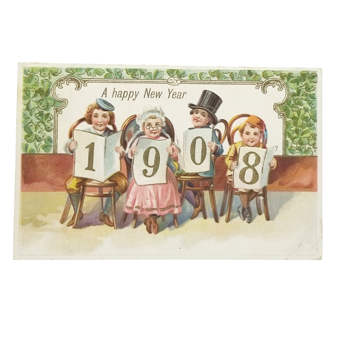 New Year Postcard Children Holding 1908 Cards