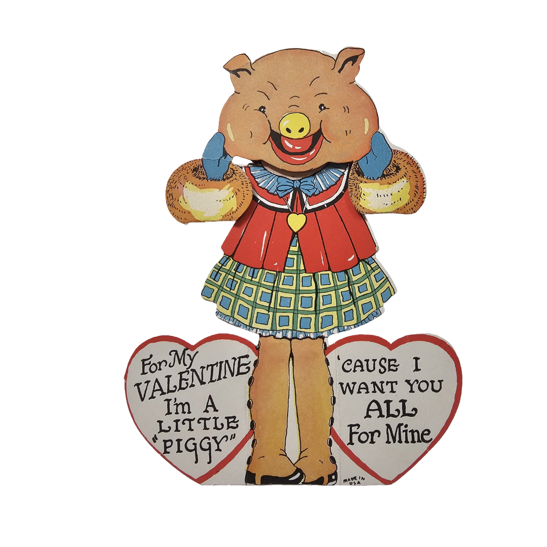 Vintage Die Cut Mechanical Valentine Card Little Girl in Piggy Mask