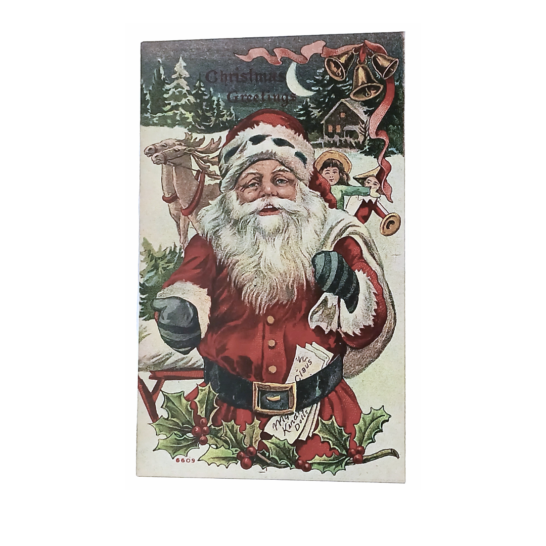 Christmas Postcard Santa Claus w/ Reindeer in Snow Holding Toy Bag