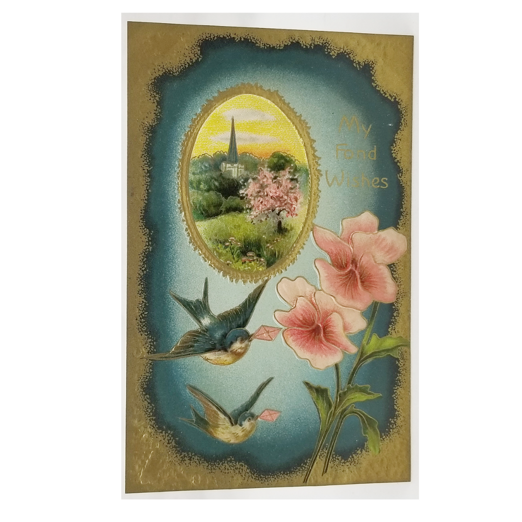 Greetings Postcard Happy Birthday Blue Birds with Pink Flowers Gold Border Highlights and Landscape Embossed Unused Card