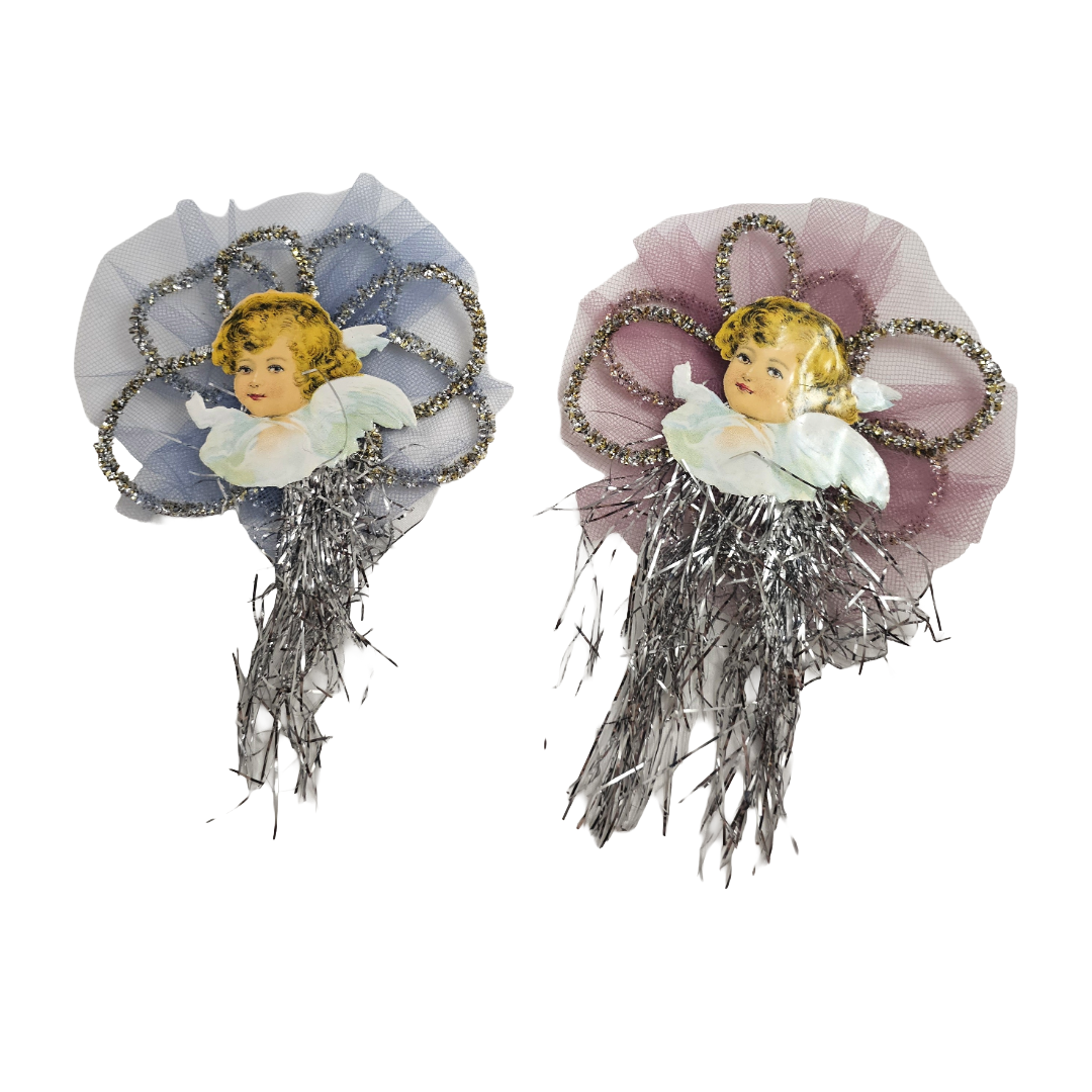 Pair of Antique Tinsel Ornaments with Applied Victorian Die Cut Clapsaddle Angels