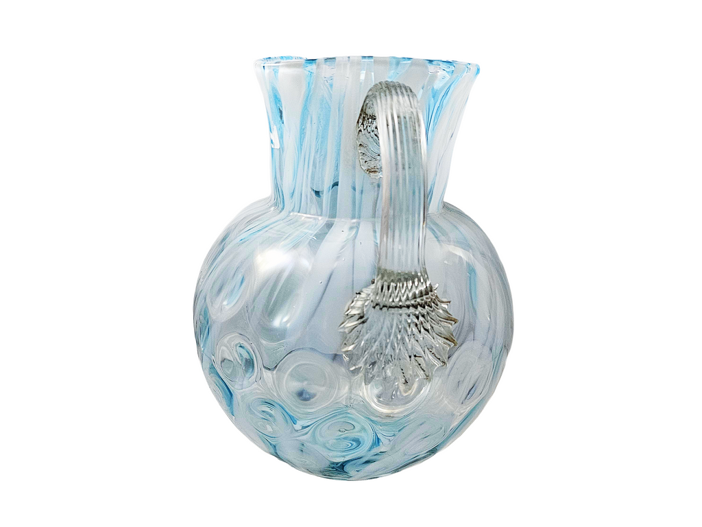 Phoenix Spot Optic Spatter Glass Four Piece Water Set Pitcher Tumblers Opal Blue