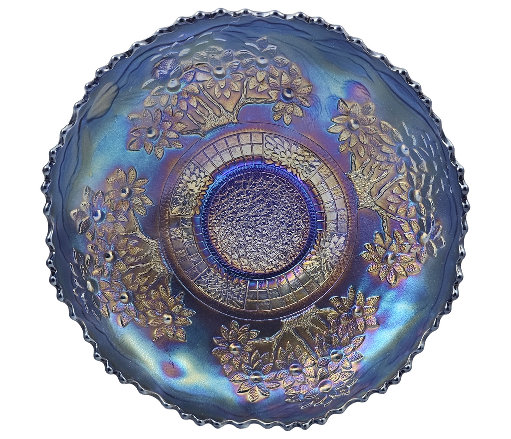 Antique Fenton Blue Orange Tree Carnival Glass Round Bowl