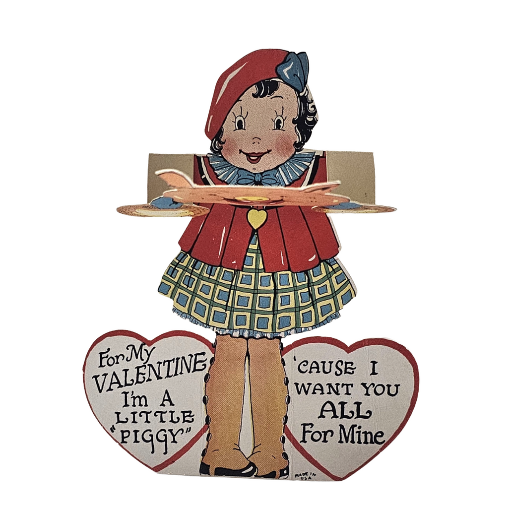 Vintage Die Cut Mechanical Valentine Card Little Girl in Piggy Mask