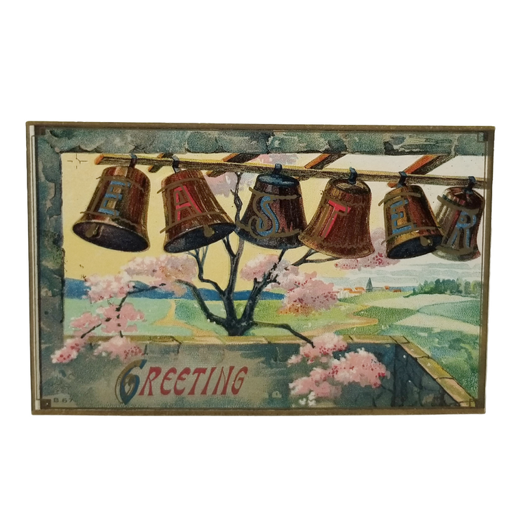 Easter Postcard Embossed Hanging Bells in Spring Landscape