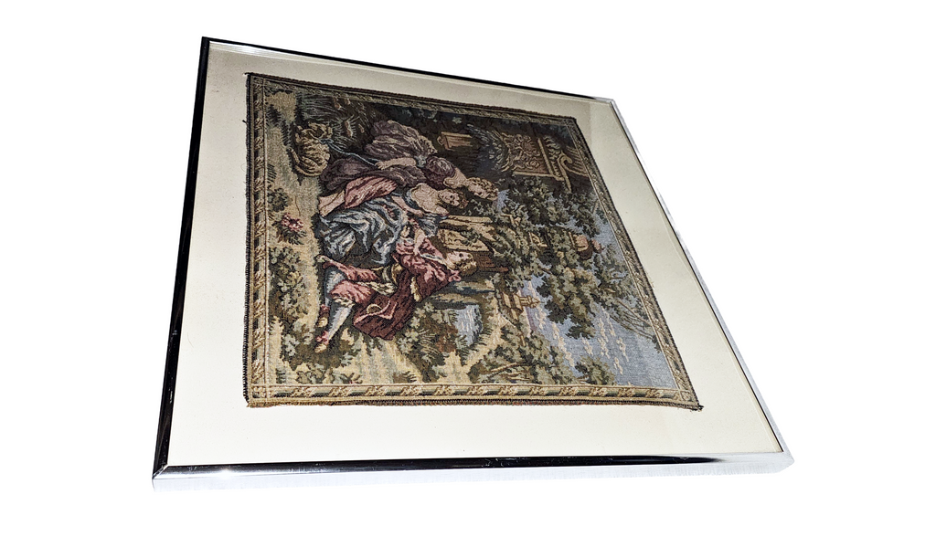 Vintage Pair Framed French Tapestries Pastoral Scenes People w/ Sheep