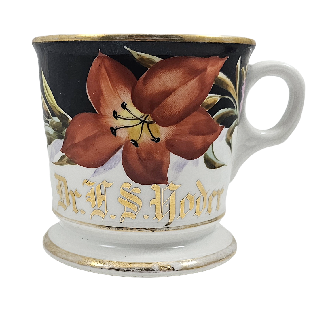Antique Porcelain Personalized Doctor's Shaving Mug Flowers & Gold