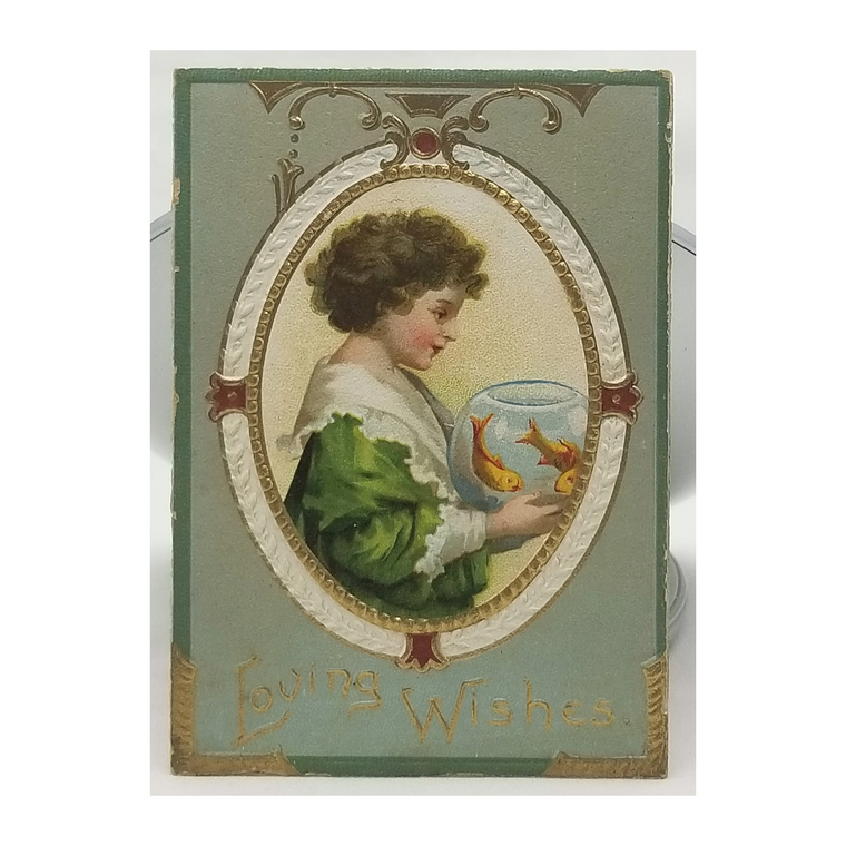 Antique Die Cut Paper Greeting Best Wishes Card 1900 Child Holding Fishbowl