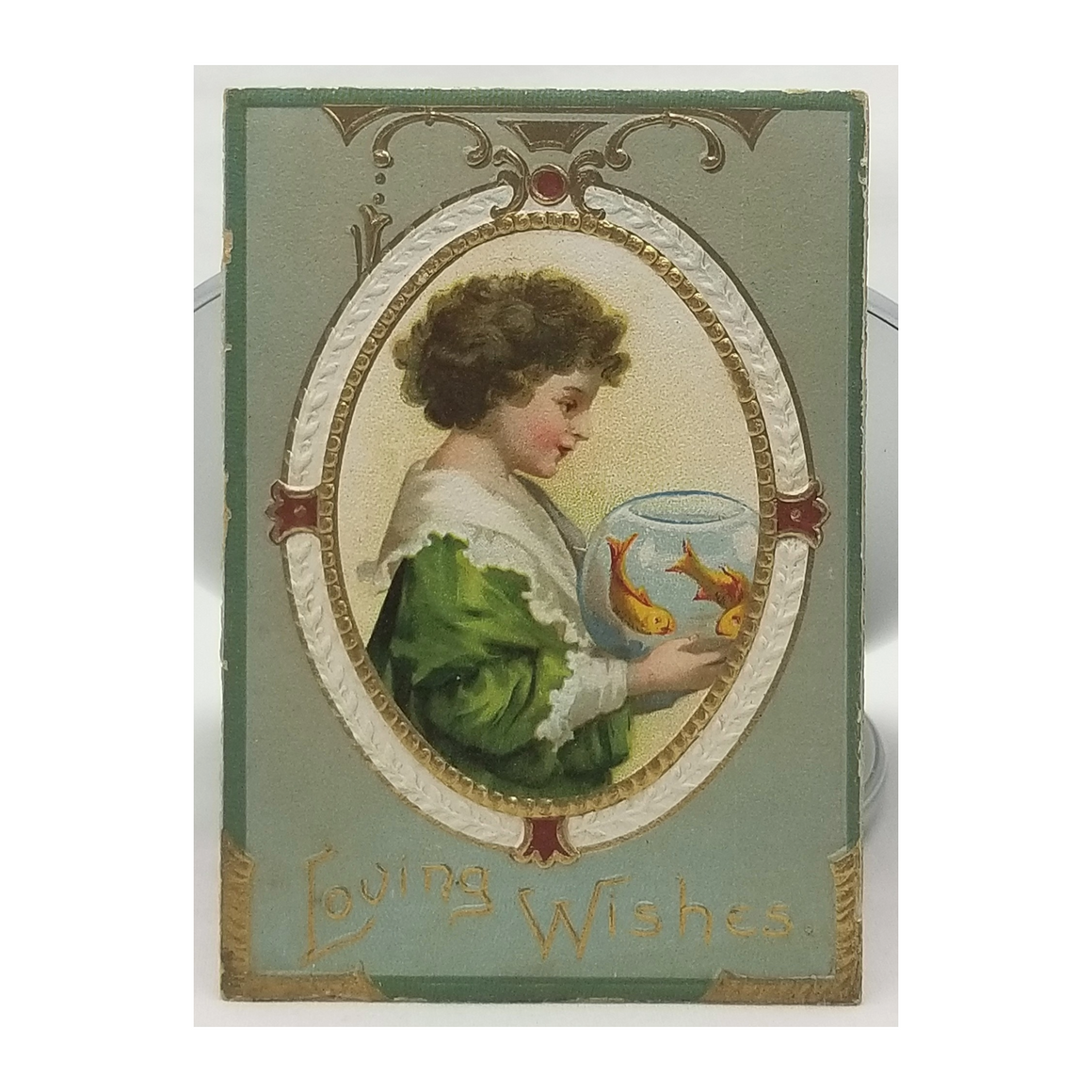 Antique Die Cut Paper Greeting Best Wishes Card 1900 Child Holding Fishbowl