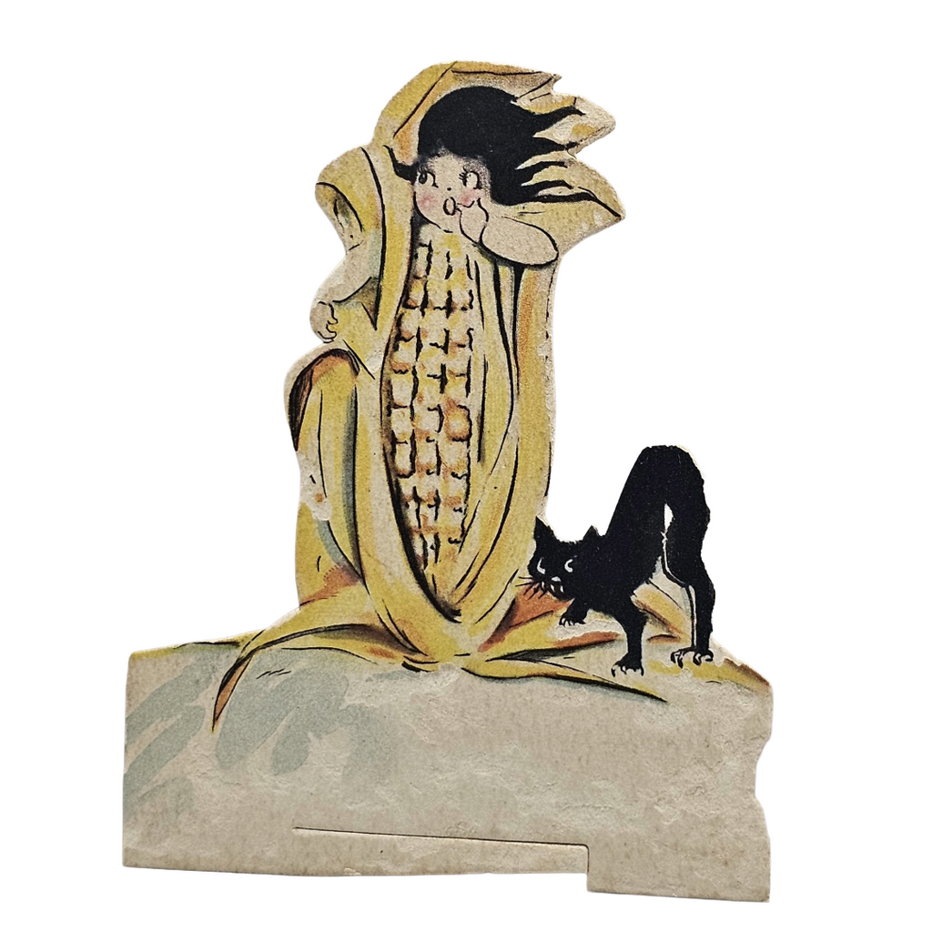 Five (5) Vintage Dennison Halloween Place Cards: Deco Girl in Corn, Black Cat
