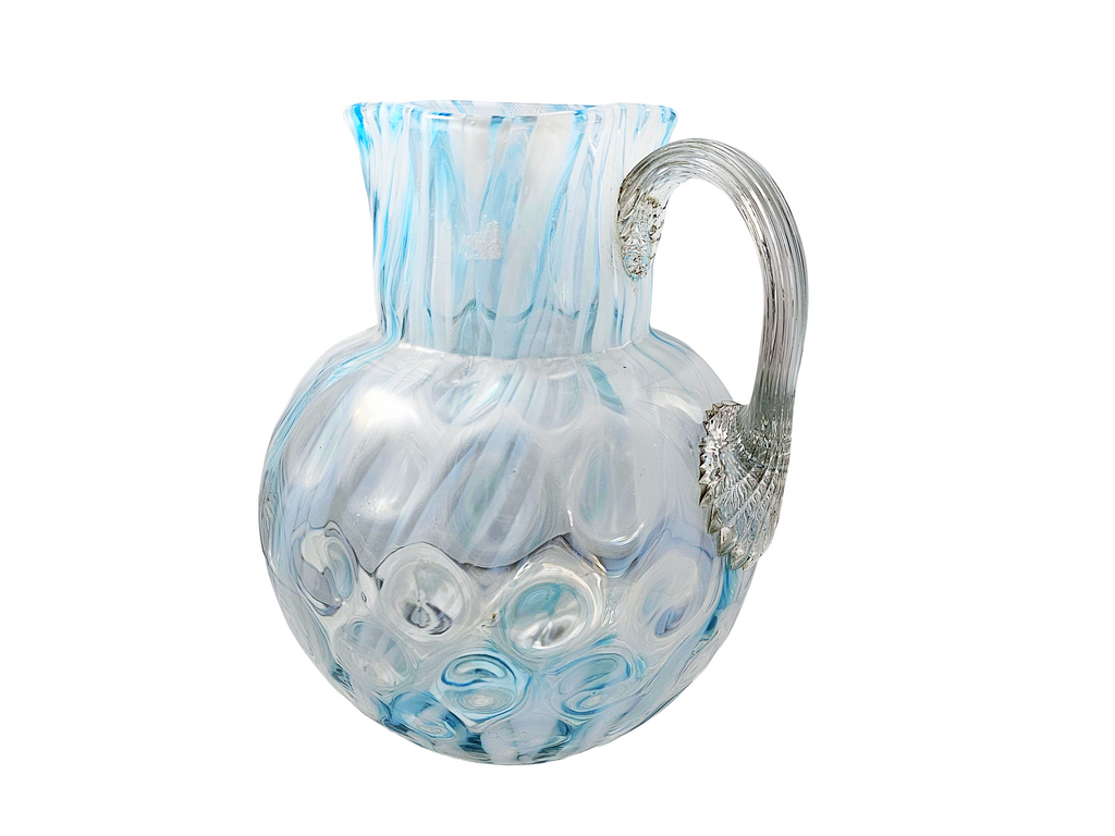 Phoenix Spot Optic Spatter Glass Four Piece Water Set Pitcher Tumblers Opal Blue