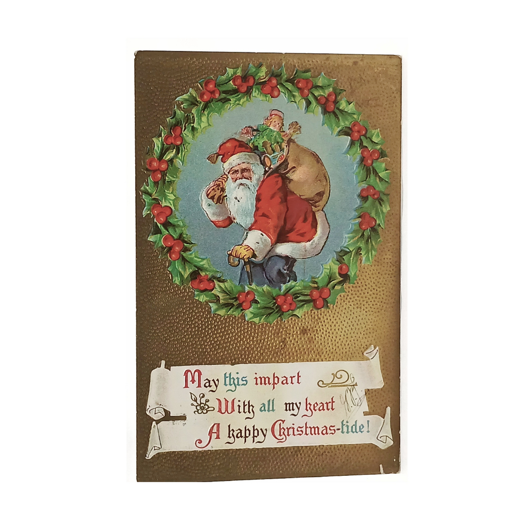 Christmas Postcard Santa with Toy Bag Wreath Border Gold Background