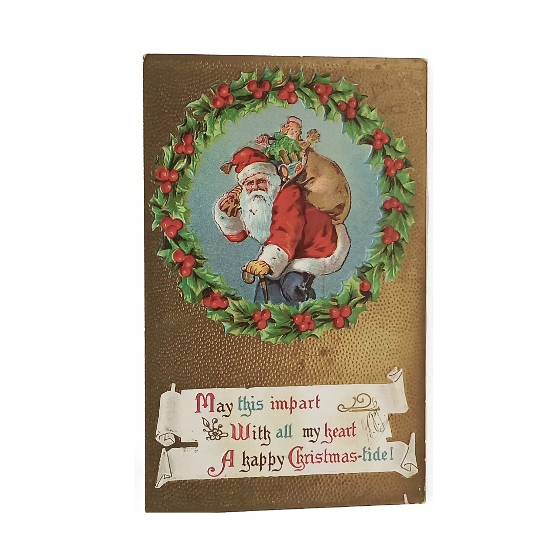 Christmas Postcard Santa with Toy Bag Wreath Border Gold Background