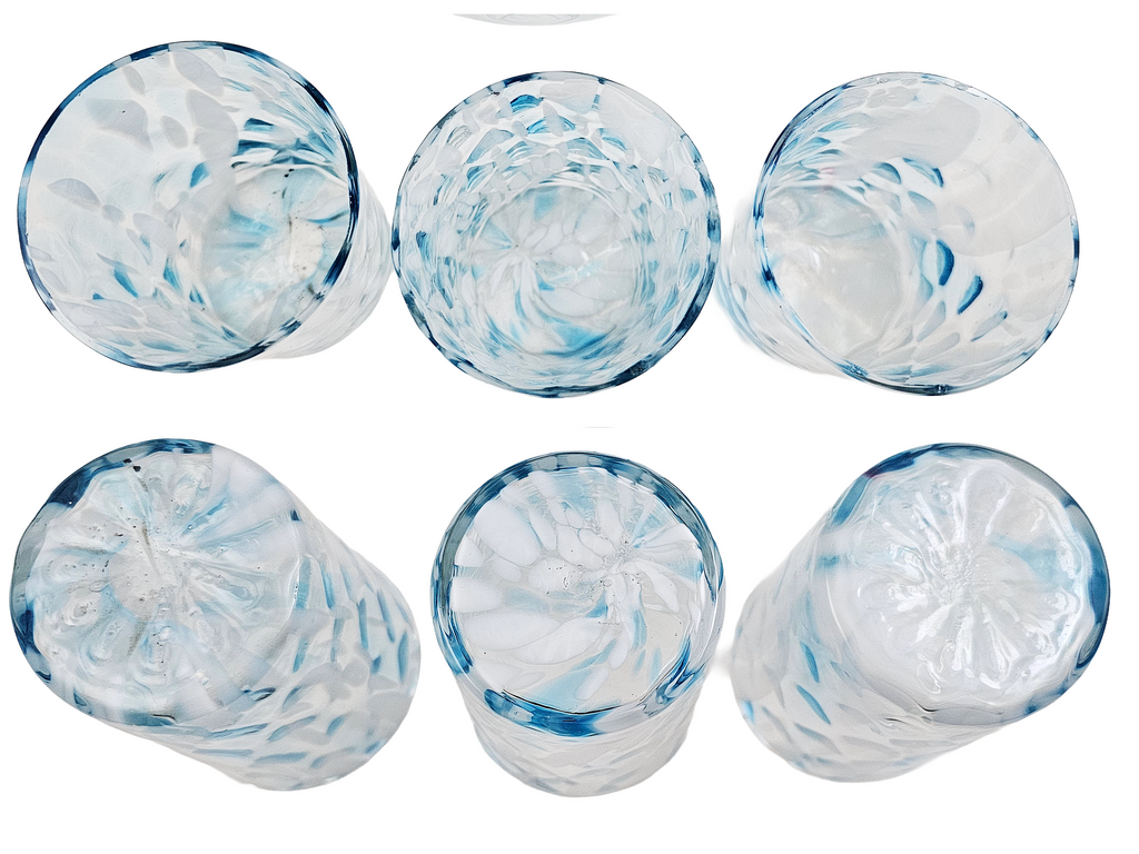 Phoenix Spot Optic Spatter Glass Four Piece Water Set Pitcher Tumblers Opal Blue
