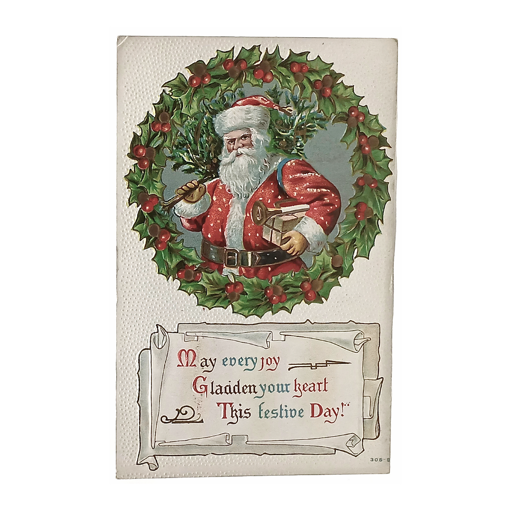 Christmas Postcard Santa Claus w/ Tree Wreath Border
