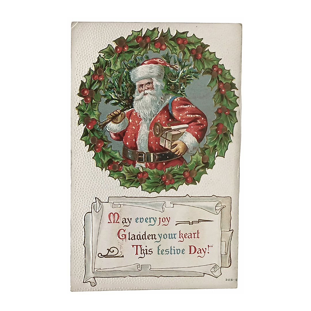 Christmas Postcard Santa Claus w/ Tree Wreath Border
