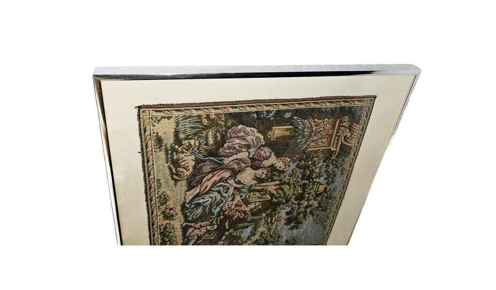 Vintage Pair Framed French Tapestries Pastoral Scenes People w/ Sheep