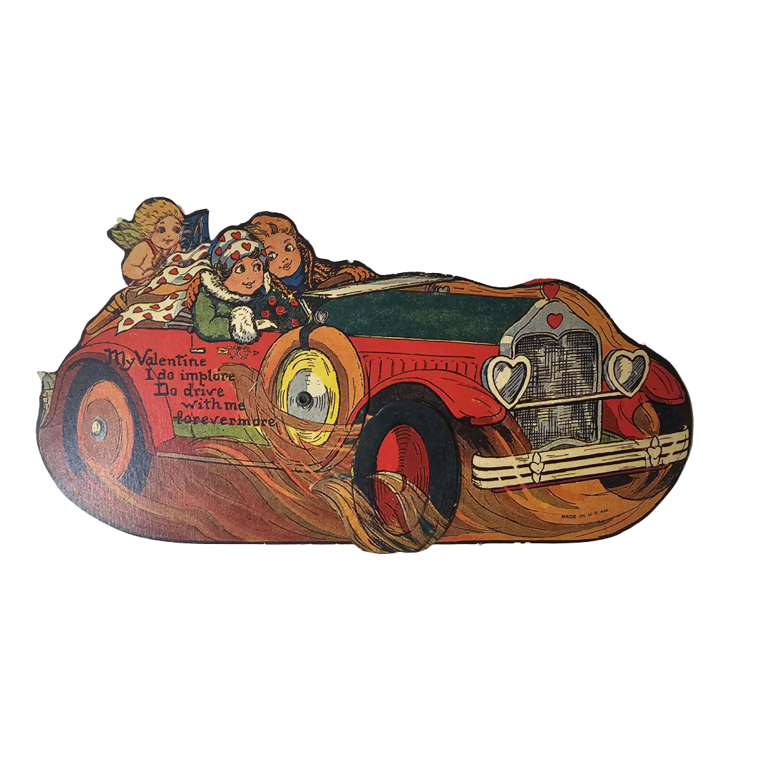 Vintage Die Cut Mechanical Valentine Card Cupid Riding in Roadster with Couple