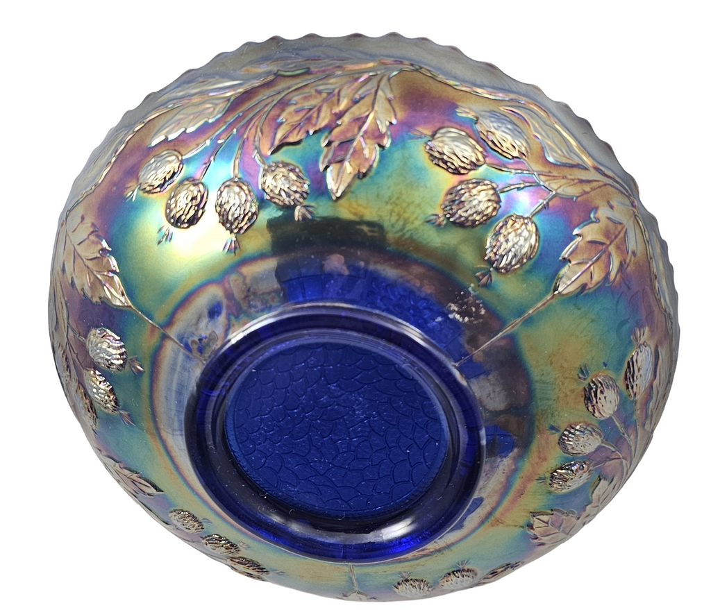 Antique Fenton Blue Orange Tree Carnival Glass Round Bowl