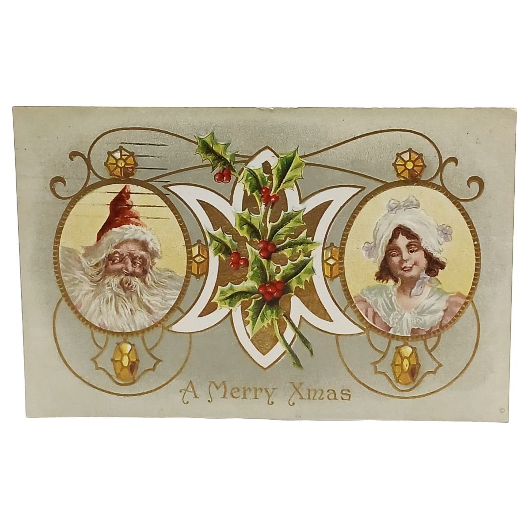 Vintage Santa Claus Postcard: Kris Kringle & Girl with Holly
