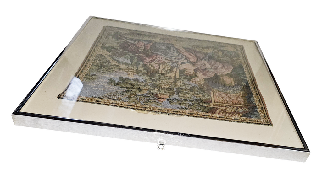 Vintage Pair Framed French Tapestries Pastoral Scenes People w/ Sheep