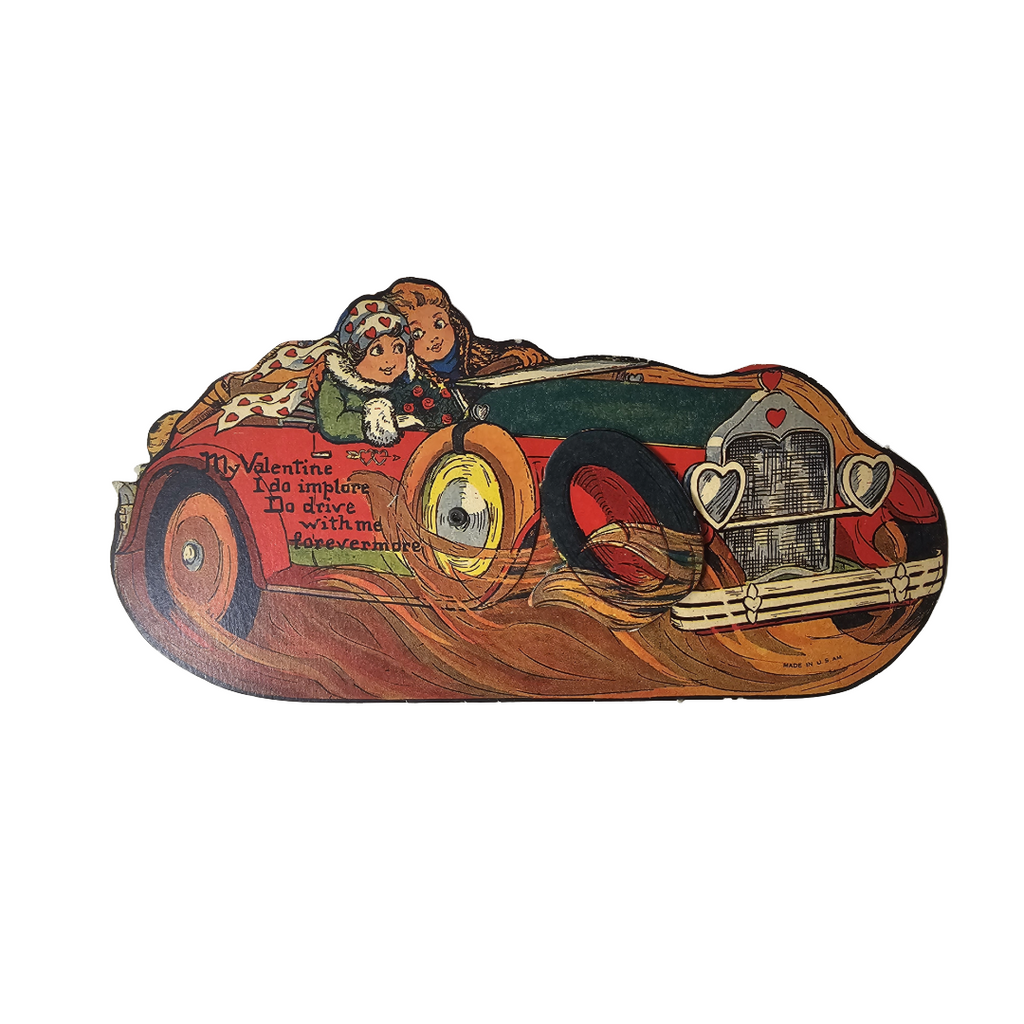 Vintage Die Cut Mechanical Valentine Card Cupid Riding in Roadster with Couple