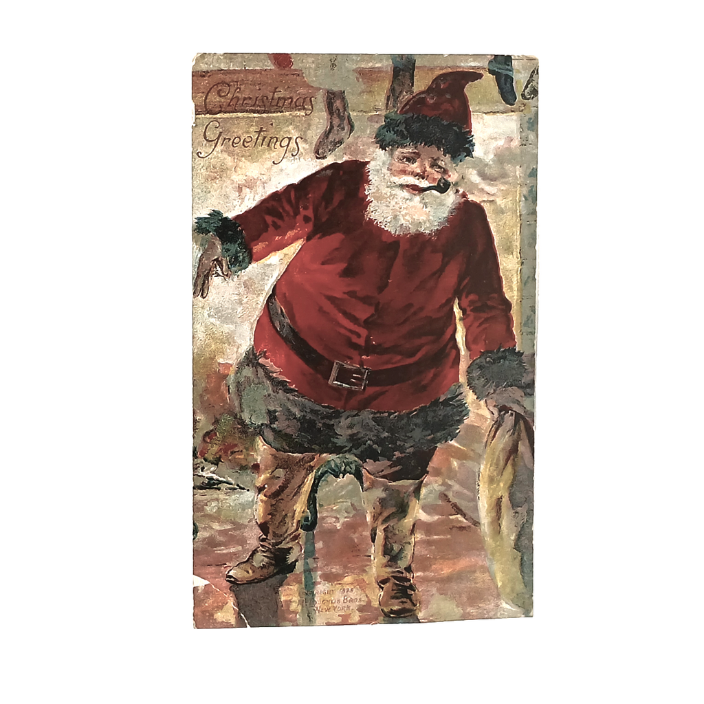 Christmas Postcard Santa Near Fireplace Black Trimmed Suit Mcloughlin Bros Design