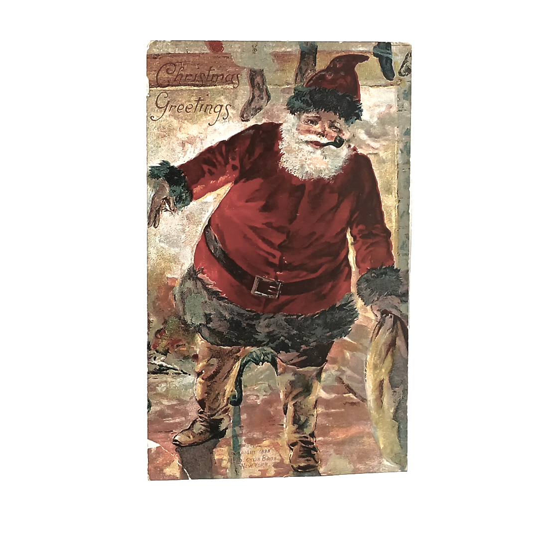 Christmas Postcard Santa Near Fireplace Black Trimmed Suit Mcloughlin Bros Design