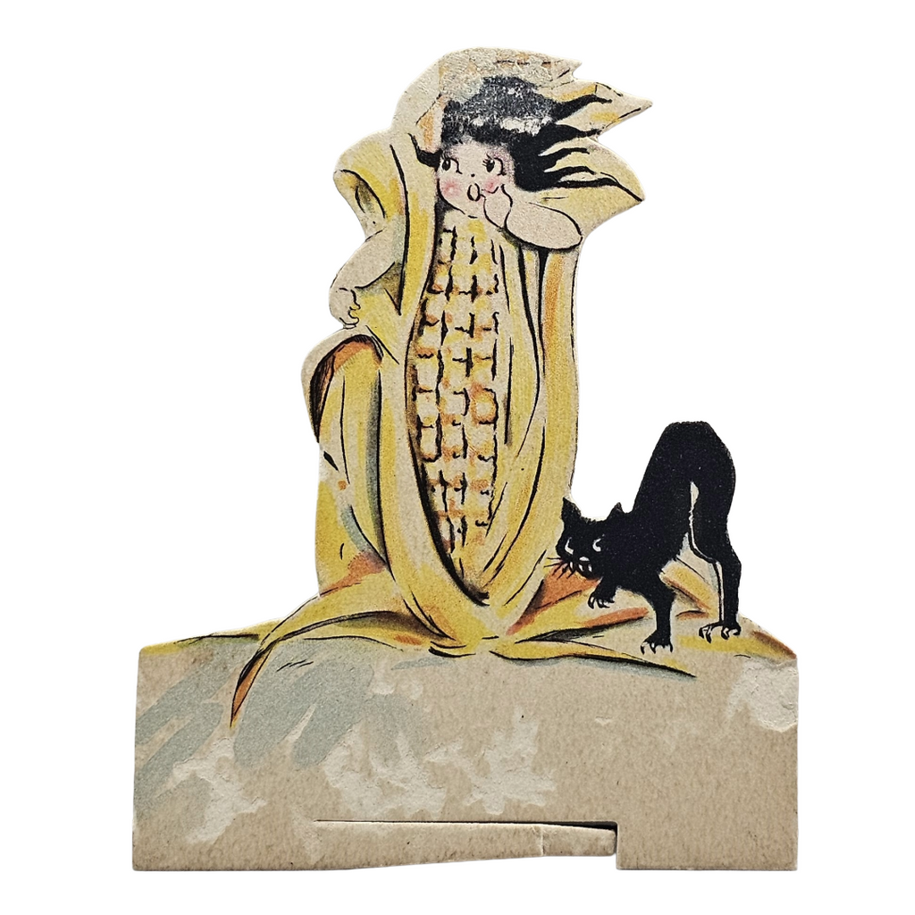 Five (5) Vintage Dennison Halloween Place Cards: Deco Girl in Corn, Black Cat