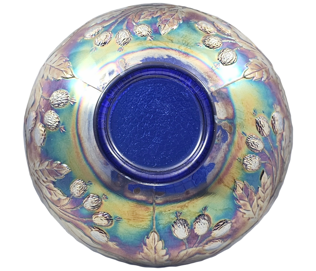 Antique Fenton Blue Orange Tree Carnival Glass Round Bowl