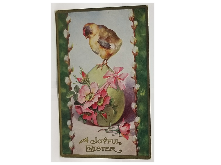 Antique Vintage Easter Postcard, Art Nouveau Style Card with Baby Chick Standing on Painted Egg with Pussy Willow Border