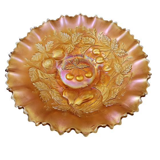 Northwood Marigold Three Fruits Carnival Glass Bowl Pie Crust Border