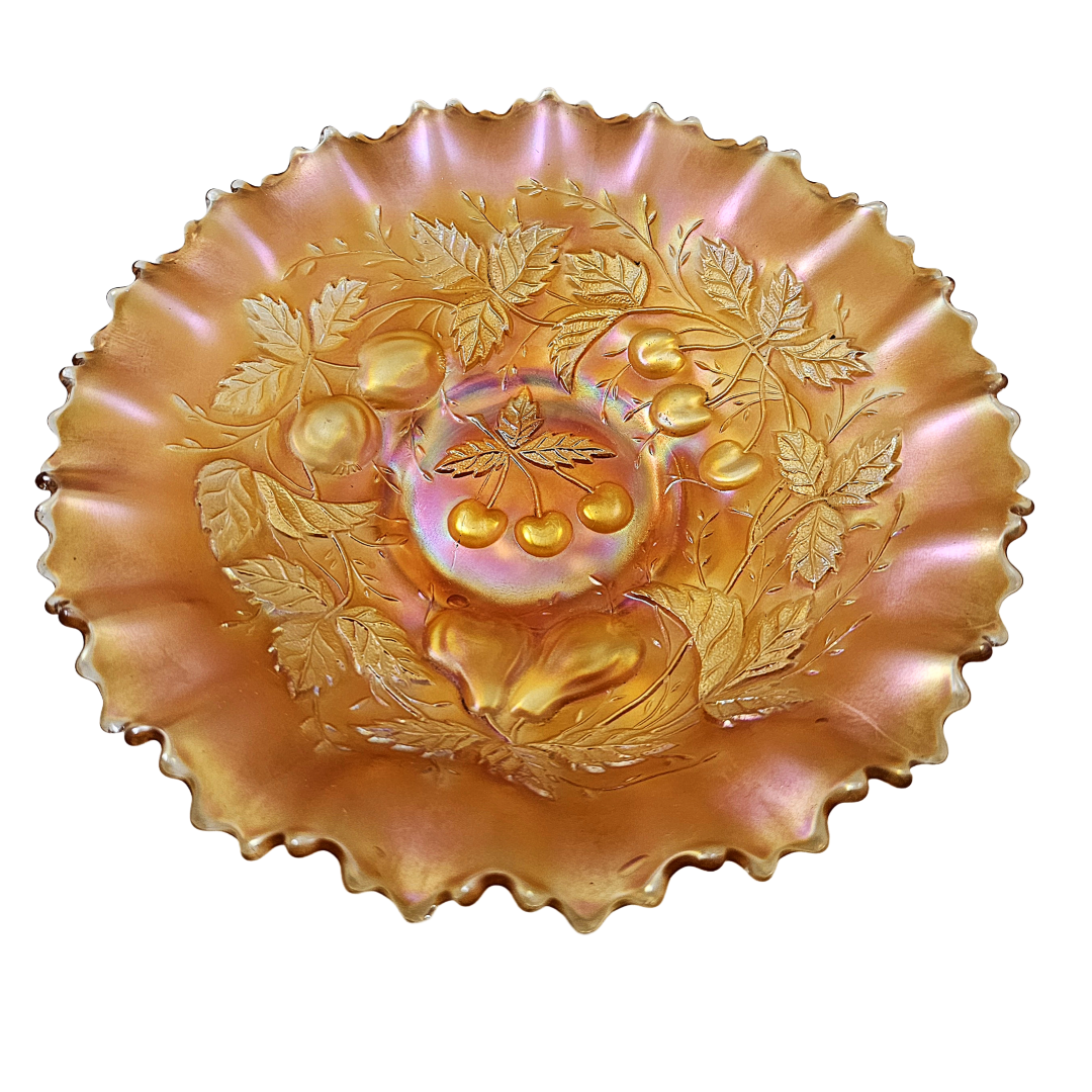 Northwood Marigold Three Fruits Carnival Glass Bowl Pie Crust Border